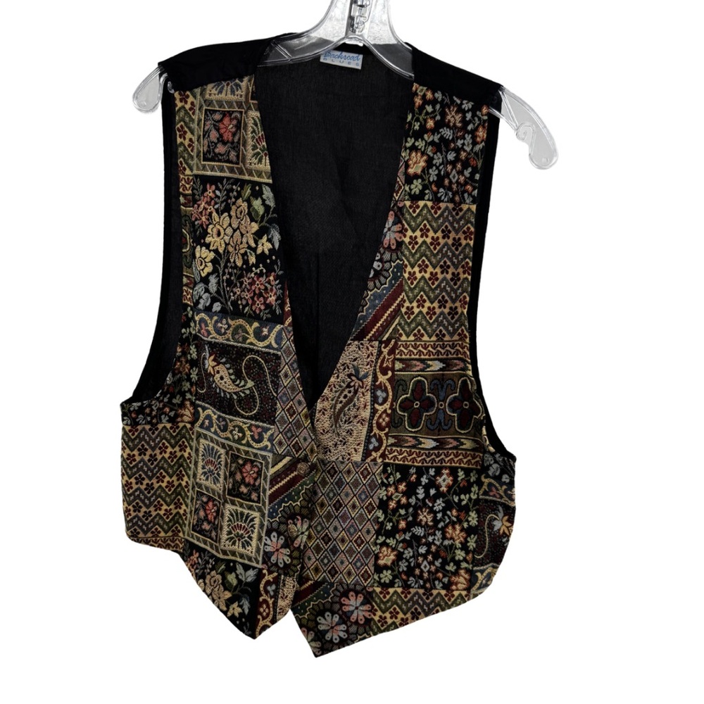 Backroad Blues Black Women's tapestry patchwork vest vintage M preppy grandma
